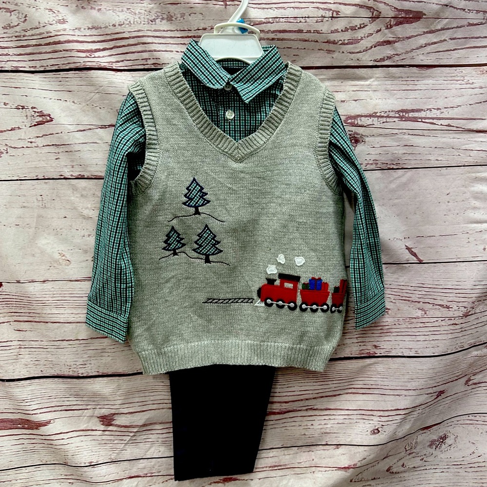 Christmas Outfit Includes Shirt Pants & Sweater Vest Size 24 Months